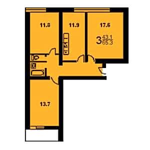 3-комнатная квартира 1 II-68-3 Дом II-68-3 планировка трехкомнатной квартиры 1