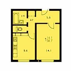 1-комнатная квартира П-3 Дом П-3 планировка однокомнатной квартиры